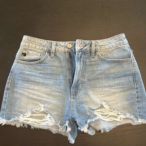 Lightly distressed denim shorts